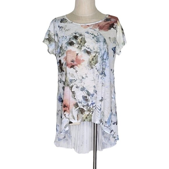 Chicos High Low Top Size 1 M 8 Floral Accordian Pleats Woven Back Oversized - Picture 1 of 13